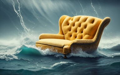 yellow sofa on a stromy sea - obrazy, fototapety, plakaty