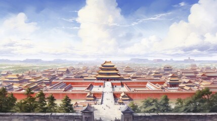 watercolor painting of the Forbidden City and in Beijing, China