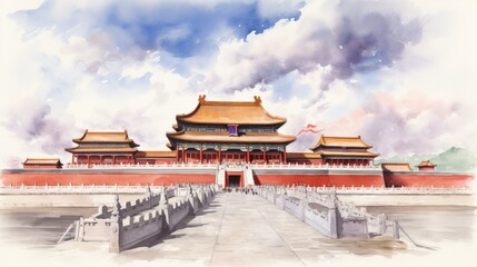 Obraz premium watercolor painting of the Forbidden City in Beijing, China