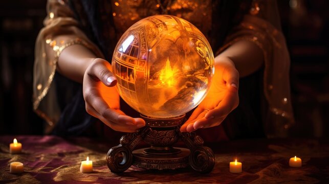 Crystal ball and fortuneteller&lsquo;s hand. Fortune-telling concept