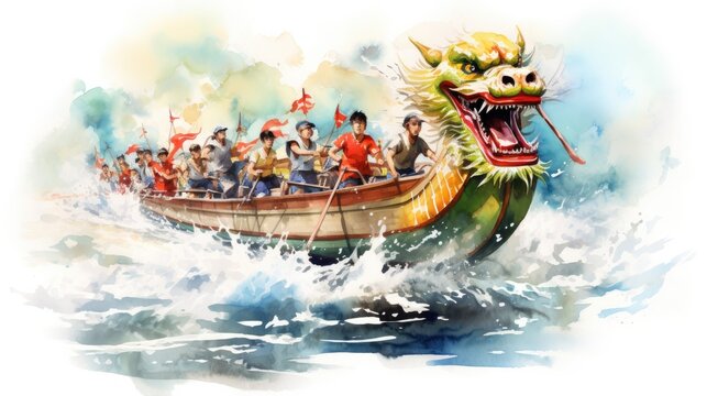 Watercolor painting of dragon boat in China. Chinese Dragon Boat Festival