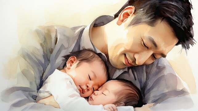 watercolor painting of asian father holding his twins baby infant in his arms