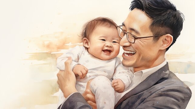 watercolor painting of happy asian father holding his baby infant in his arms
