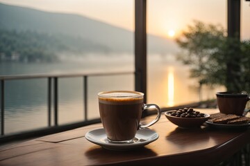 Steamy Morning Refreshment with Aromatic Roasted Coffee and Croissant on a Table
