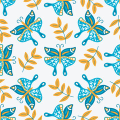 Beautiful continuous background with butterflies and leaves. Seamless pattern with moths and foliage. Natural print with butterfly for textile, wallpaper, paper and design, vector illustration