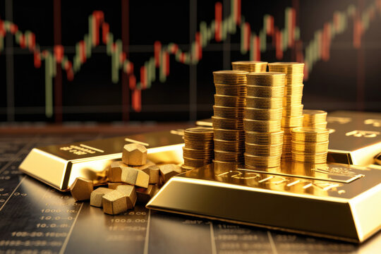 Gold coins and gold bars in front of a stock market price. Concept motif on the topic of gold performance on the stock market.