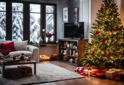 AI generated illustration of a festive Christmas tree in the corner of a cozy living room