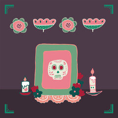 Mexico Dia de Los Muertos Altar with sugar skull and candles. Square frame. Skull, flowers, garlands, flags. Mexican National Holiday Day of the dead. Congratively postcard, banner. Vector
