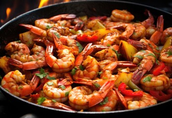 Crawfish boils. Louisiana, New Orleans Crawfish Boil. Spicy shrimp boil. Shrimp, lobster, seafood, sausage, on the pan.
