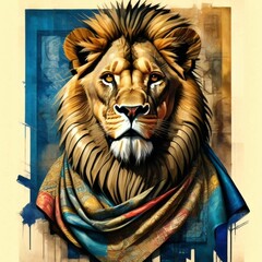 AI generated illustration of An adult lion with a scarf wrapped around its head in the foreground