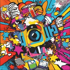 an artistic poster that shows a photograph of a camera in front of colorful images