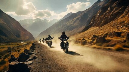 AI generated illustration of motorcyclists riding on a winding dirt road