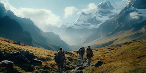 AI generated illustration of a group of people with backpacks walking up a steep mountain trail - obrazy, fototapety, plakaty