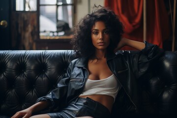 a photo of a gorgeous young african woman sitting on a couch in a room with industrial loft style interior, rock'n'roll vibe