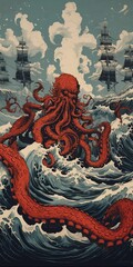 Fototapeta premium AI generated illustration of a vibrant painting of an octopus riding a large wave in an ocean