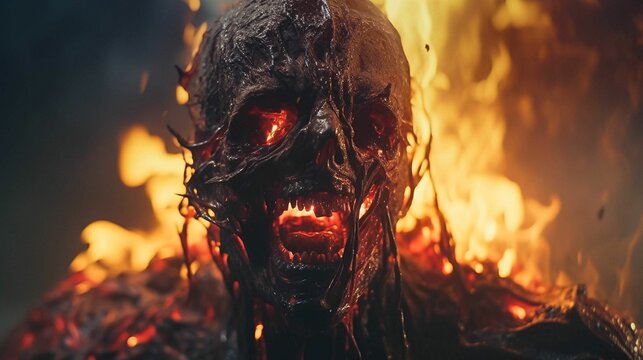 AI generated illustration of a burning zombie on the backdrop of orange flames