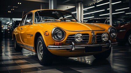 AI-generated illustration of An aged yellow automobile parked in a darkly illuminated room