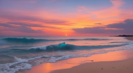 AI generated illustration of a sandy beach with rolling waves at calm pink sunset