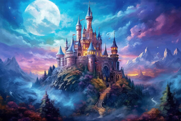 Castle, bridge and river under the full moon. Princess Castle on the cliff. Fairy tale castle in the mountains. Fantasy Night landscape. Castle on the hill. Fairy city. Kingdom. Magic tower. Art - obrazy, fototapety, plakaty