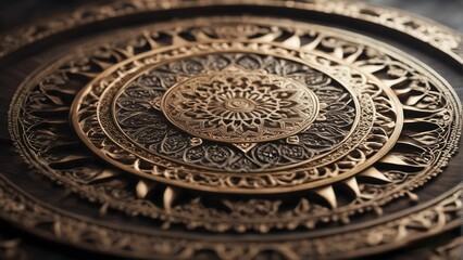 a circular golden metal plate with designs and decorative elements on the top - obrazy, fototapety, plakaty
