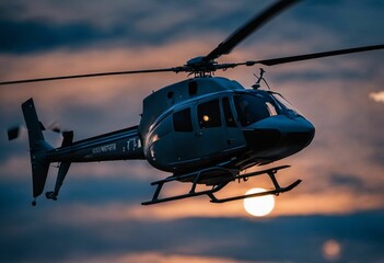 helicopter flying in cloudy sky at sunset with clouds and sun