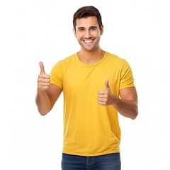 Fototapeta premium 30-Year-Old Man in Yellow T-Shirt Showing Ok Sign