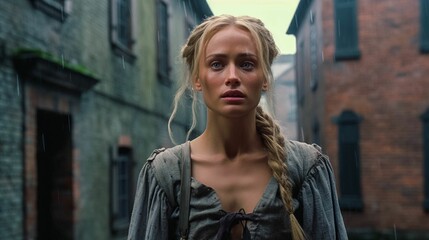AI generated illustration of a young blonde in a vintage dress standing in the village