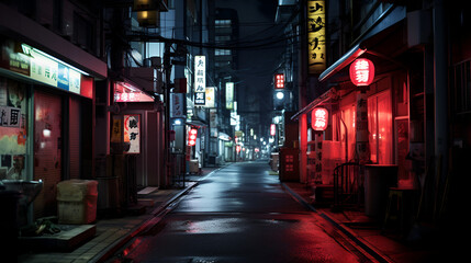 Fototapeta premium Tokyo's Digital Nightmare: Dystopian Visions of the City After Dark. Nightfall in Tokyo: An Urban Dystopian Exploration. Neon Nocturnes: Tokyo's Dystopian Nights in Focus