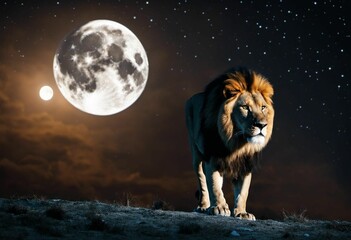 AI generated illustration of a majestic lion in the grass illuminated by the pale moonlight