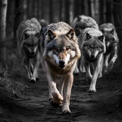 AI generated illustration of  gray wolves in the dark forest