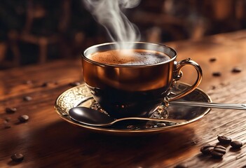 Fototapeta premium AI generated illustration of a steaming cup of coffee in a steampunk style on a wooden table