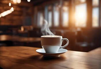AI generated illustration of a cup of freshly brewed steaming hot coffee placed on a wooden table