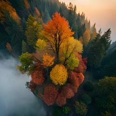 Aerial view of beautiful colorful autumn forest in low clouds at sunrise.AI generated