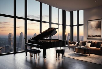 Living room with a grand piano in the center and a window with a view of a cityscape, AI-generated.