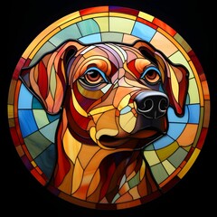 AI generated illustration of a stained glass portrait of a cute dog against an abstract background