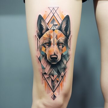 Tattoo design featuring a dog's head on a leg, AI-generated.