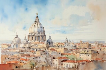 Fototapeta na wymiar AI generated illustration of a watercolor painting of Rome cityscape
