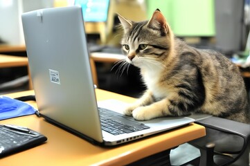 a tabby cat sitting on top of a computer on a desk