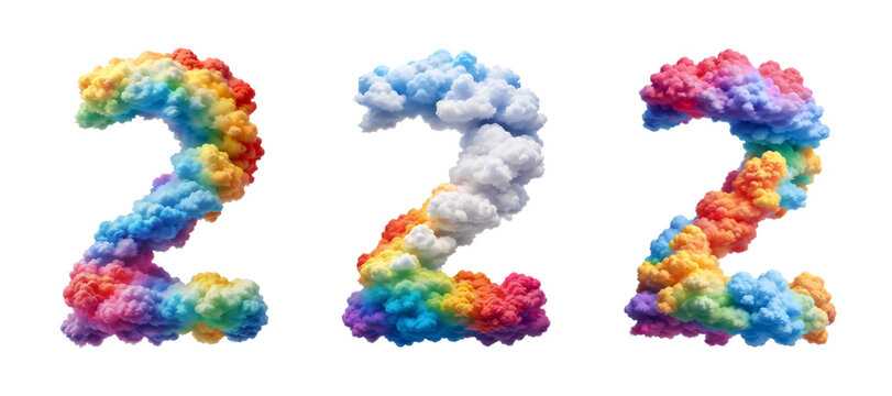 The number two 2 made of colorful colors photo realistic clouds are rainbow colors. 
The background is transparent.