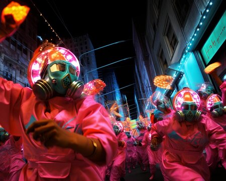 A Diverse Group Of People Wearing Bright Neon Pink Costumes And Masks