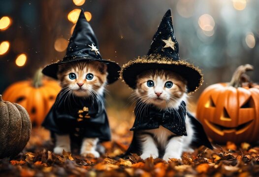 AI generated illustration of Two playful kittens dressed in Halloween costumes