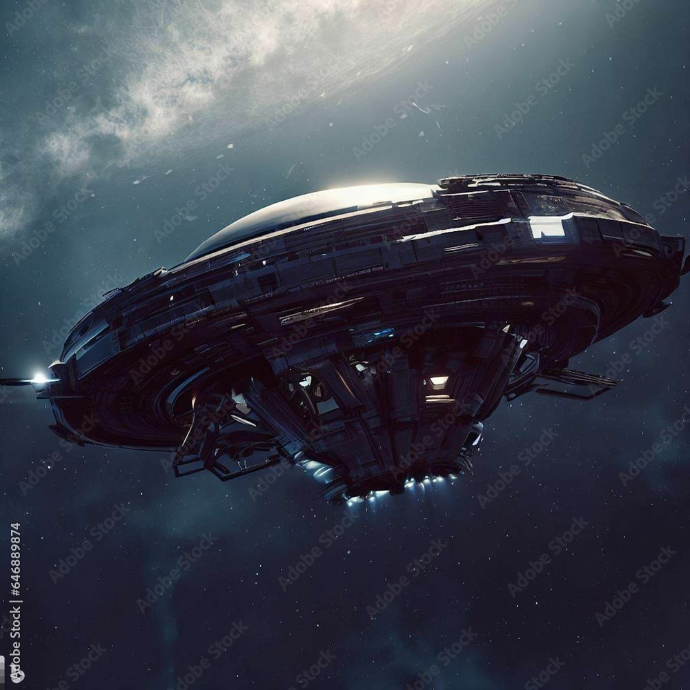 Poster this is an artist's rendering of a spaceship with a space shuttler in