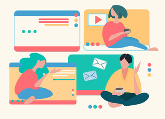 Young people in front of a computer screen. line illustrations, Flat style, isolated vector element, hand lettering