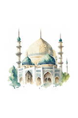 Islamic mosque watercolor illustration on white background, AI Generative illustration