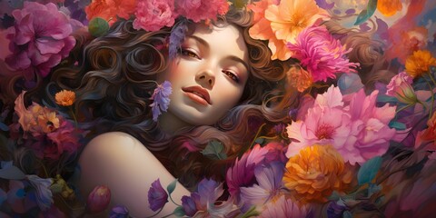 AI generated illustration of an oil painting of a woman in vibrant flowers