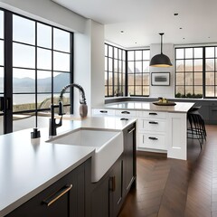 Kitchen sink detail shot in a modern, renovated kitchen with black window frames, a dark faucet, white cabinets, farmhouse sink, and cozy decor.AI generated
