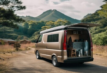 Panel van parked on a scenic outdoor setting with mountains in the background, AI-generated.