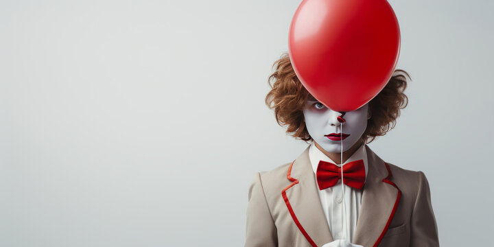 child in a clown costume holding single red balloon, copyspace