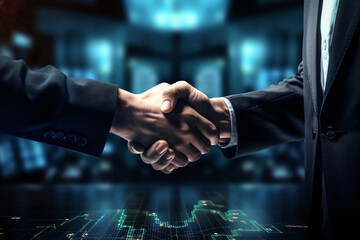 handshake takes place in front of a stock market chart,successful partnership or agreement in the realm of technology-driven stock trading and investment - obrazy, fototapety, plakaty