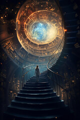 Obraz premium Stairway to Infinite Knowledge: A Library in the Fantasy Galaxy. Generative AI